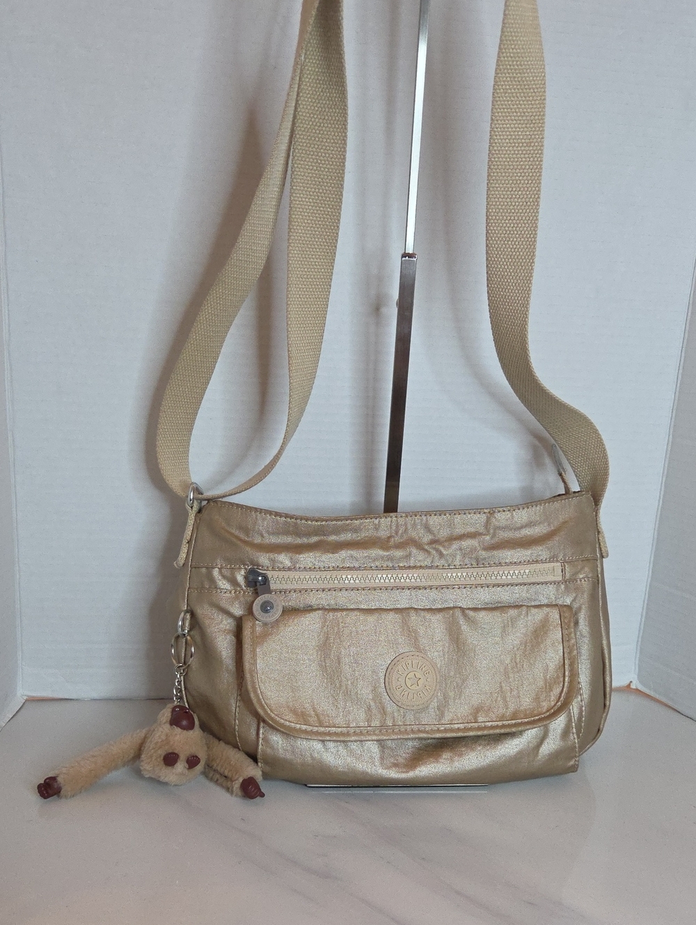 Kipling Metallic Gold Crossbody with Monkey Key Charm